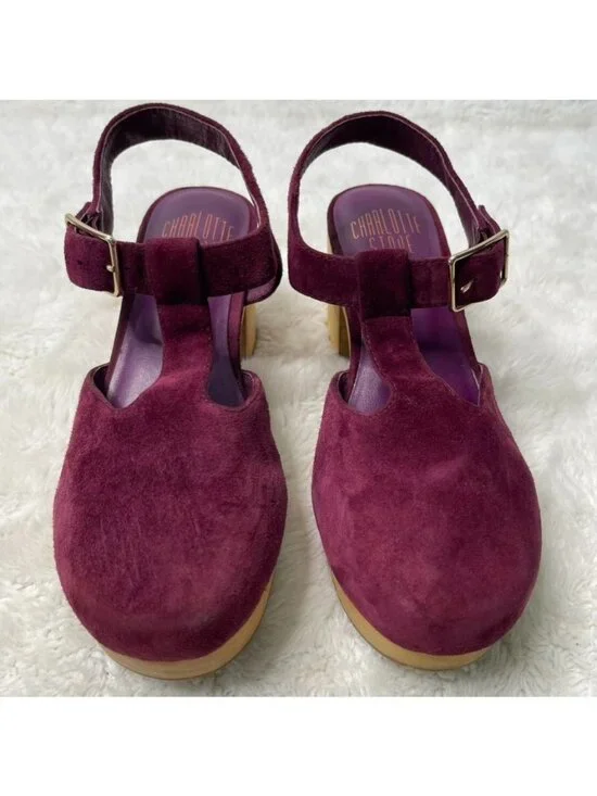 Charlotte Stone Maud T-Strap Clogs Burgundy Suede Wooden Platform Heels Size 8 - Picture 2 of 16